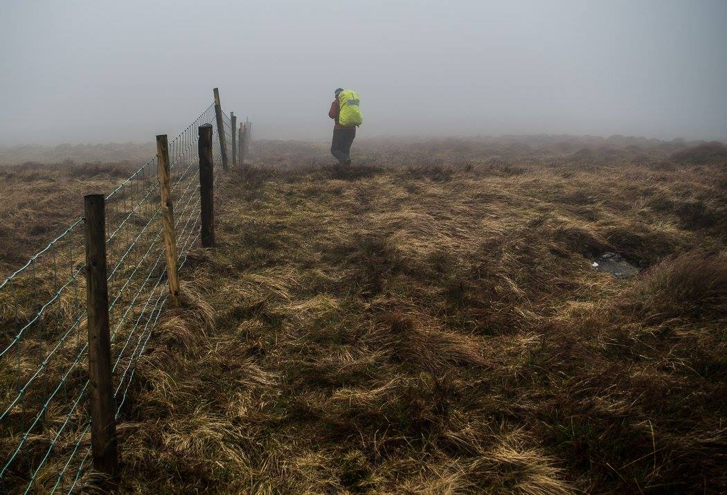 Sawel Mountain navigating during poor visibility using the fence , Sperrin Mountains, Co. Tyrone, Northern Ireland