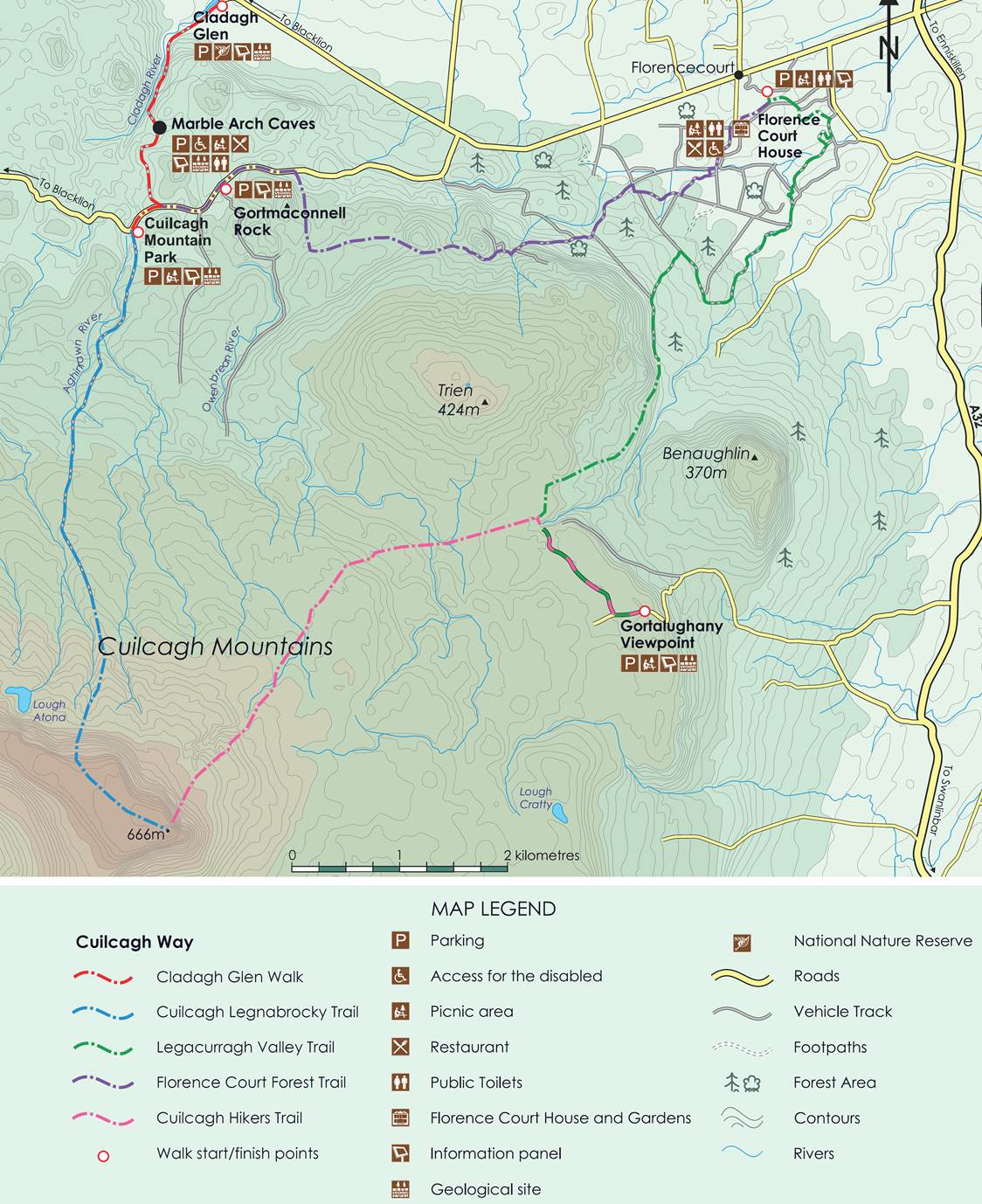 Cuilcagh Mountain Loop Walk and Legnabrocky Boardwalk Trail Walking Route Map to summit on Fermanagh and Cavn boarder, Ireland