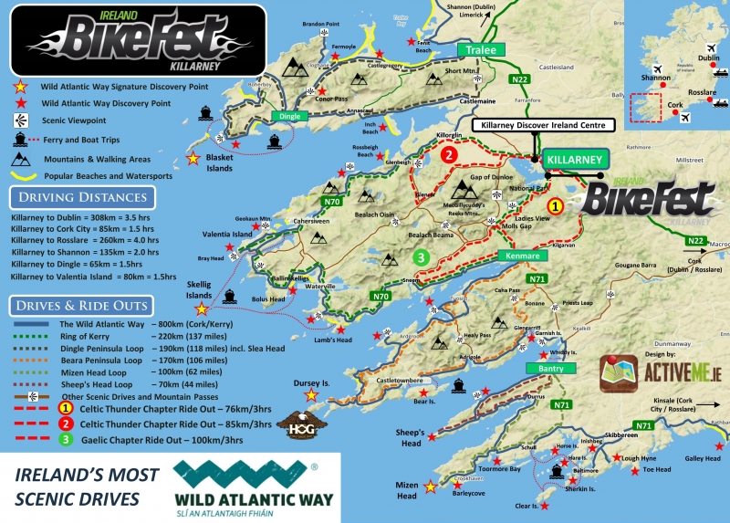 Ireland Bikefest Killarney Festival, FINAL Ride Out ROUTE Map, June 2016 30.05